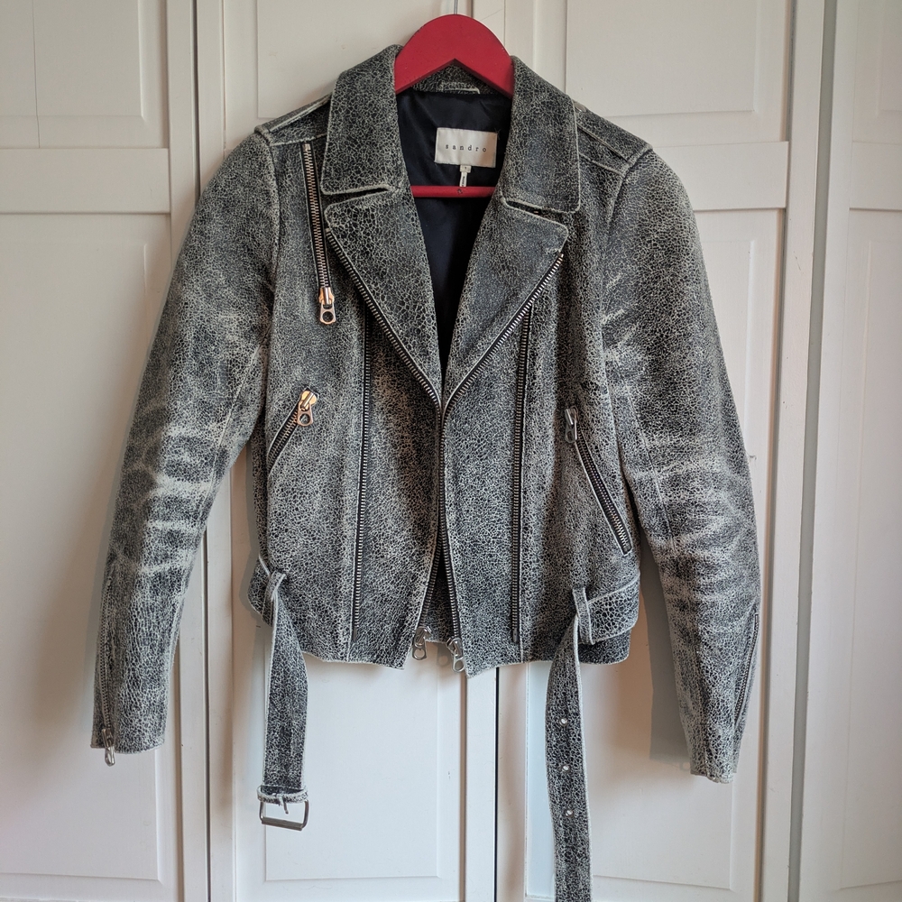 Sandro Distressed Gray Leather Jacket
